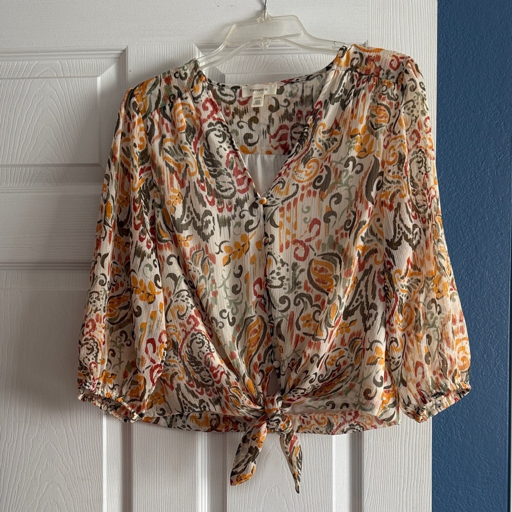 Bohemian Print Tie-Front Blouse - Picture 1 of 5